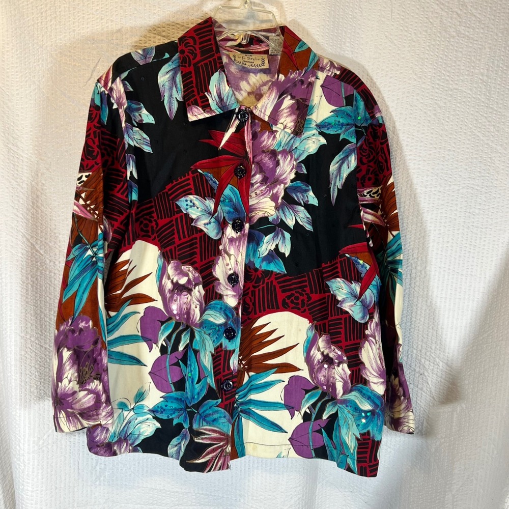 Life Style Woman Floral Button Down Jacket Colorful Print Bohemian‎ 1X